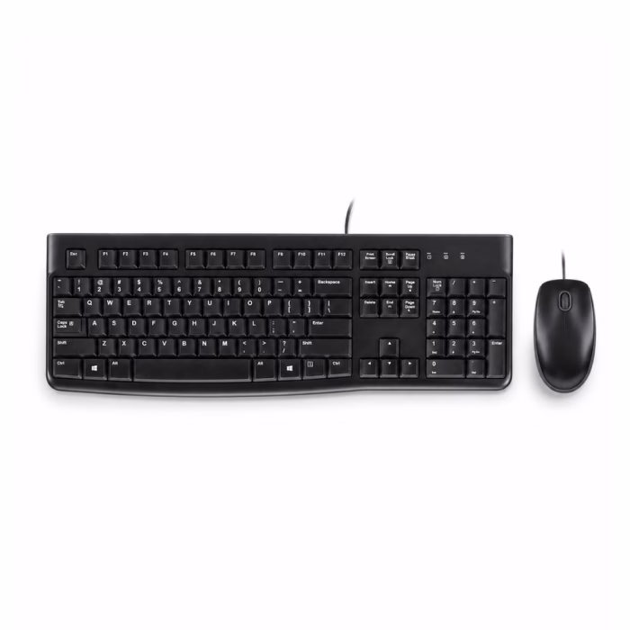 logitech-mk120-usb-combo-black-2 คีย์บอร์ดและเมาส์แบบมีสาย Logitech MK120 สีดำ มุมมองด้านบน แสดงเลย์เอาต์แป้นพิมพ์มาตรฐานและเมาส์ออปติคอล