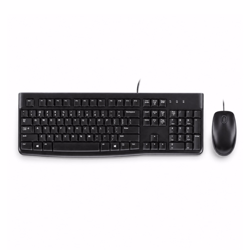 คีย์บอร์ดและเมาส์แบบมีสาย Logitech MK120 สีดำ มุมมองด้านบน แสดงเลย์เอาต์แป้นพิมพ์มาตรฐานและเมาส์ออปติคอล