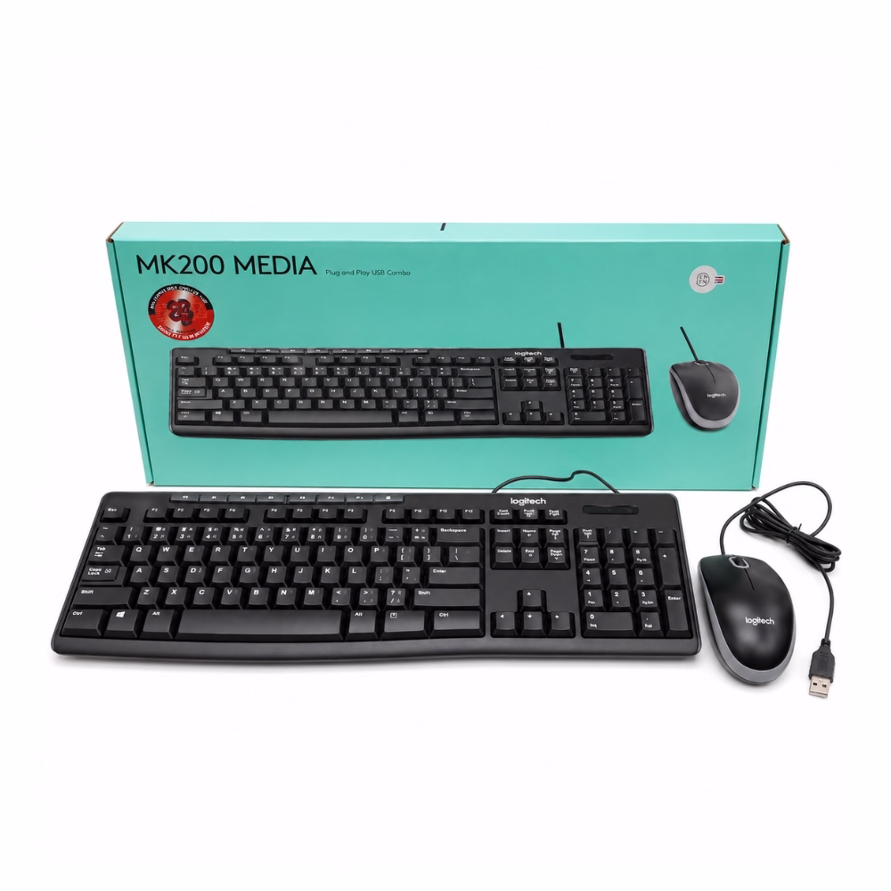 logitech-mk200-usb-media-combo-black-1 ชุดคีย์บอร์ดและเมาส์แบบมีสาย USB Logitech MK200 Media Combo สีดำ วางคู่กับกล่องบรรจุภัณฑ์