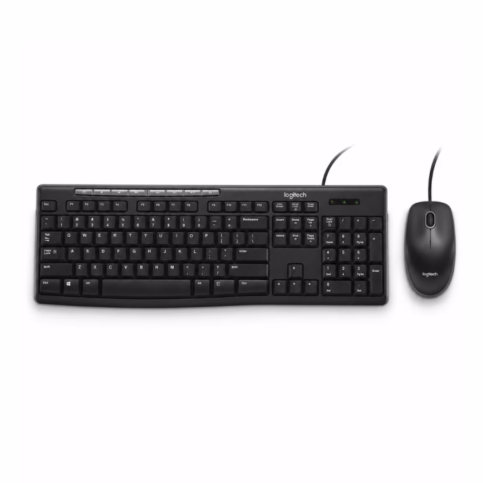 คีย์บอร์ดและเมาส์แบบมีสาย Logitech MK200 Media สีดำ มุมมองด้านบน แสดงแถบปุ่มคีย์ลัดมัลติมีเดียด้านบนและเมาส์ออปติคอล