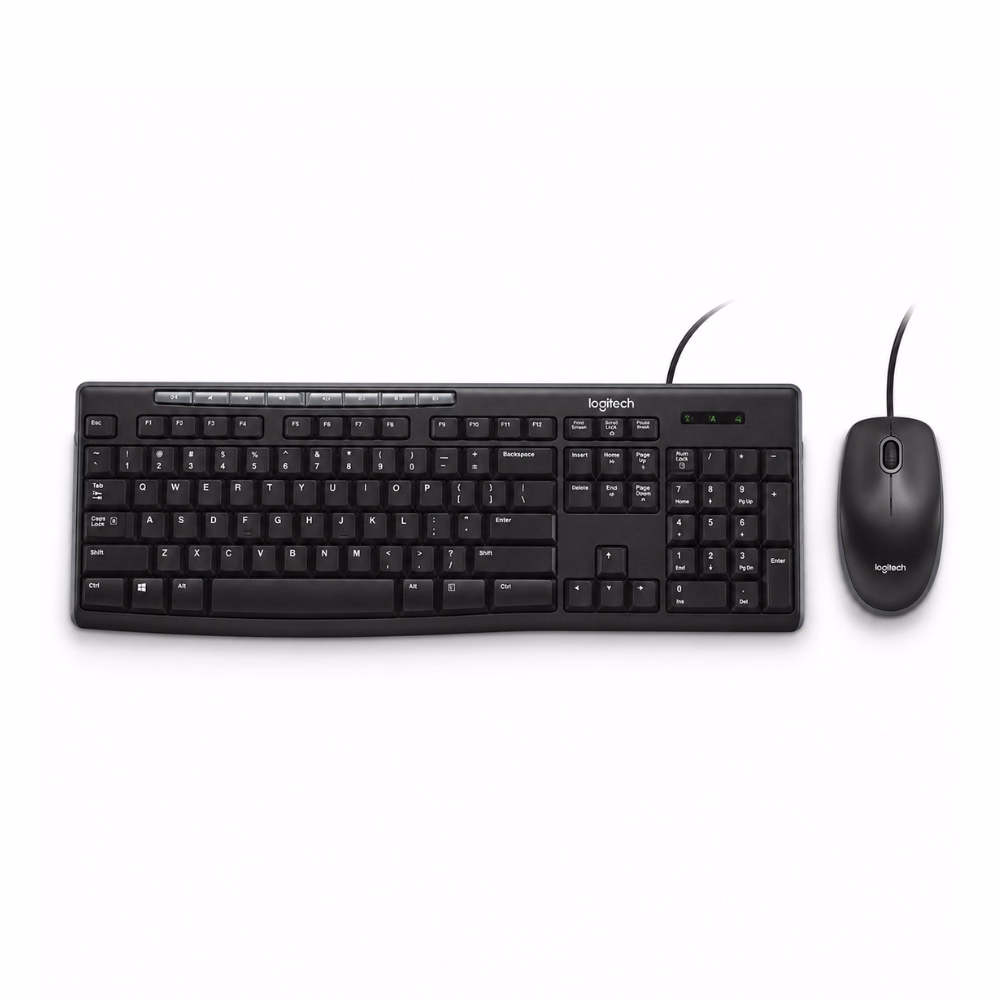 คีย์บอร์ดและเมาส์แบบมีสาย Logitech MK200 Media สีดำ มุมมองด้านบน แสดงแถบปุ่มคีย์ลัดมัลติมีเดียด้านบนและเมาส์ออปติคอล