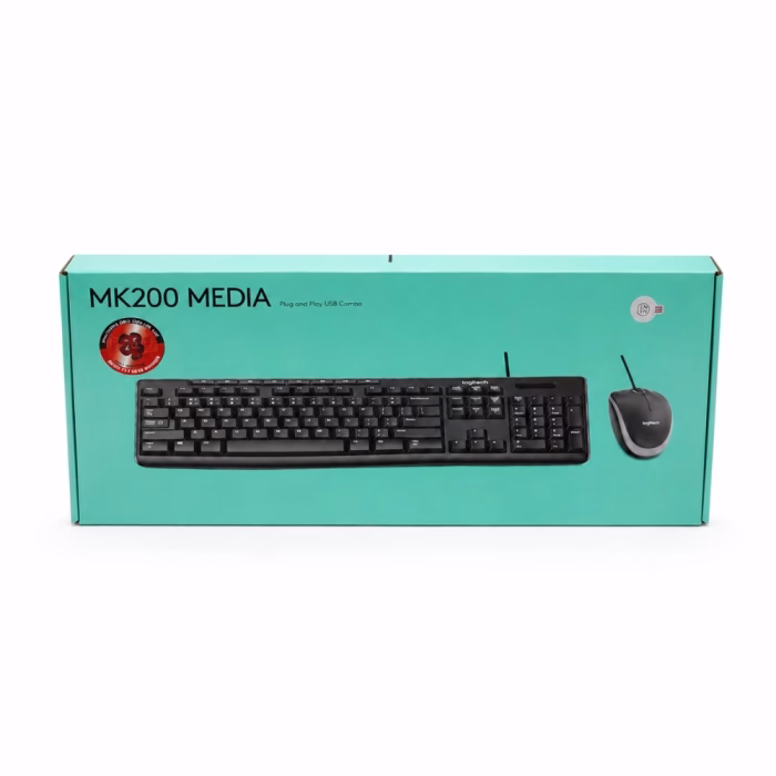 กล่องบรรจุภัณฑ์ชุดคีย์บอร์ดและเมาส์มีสาย Logitech MK200 MEDIA Plug and Play USB Combo โทนสีเขียวอมฟ้า