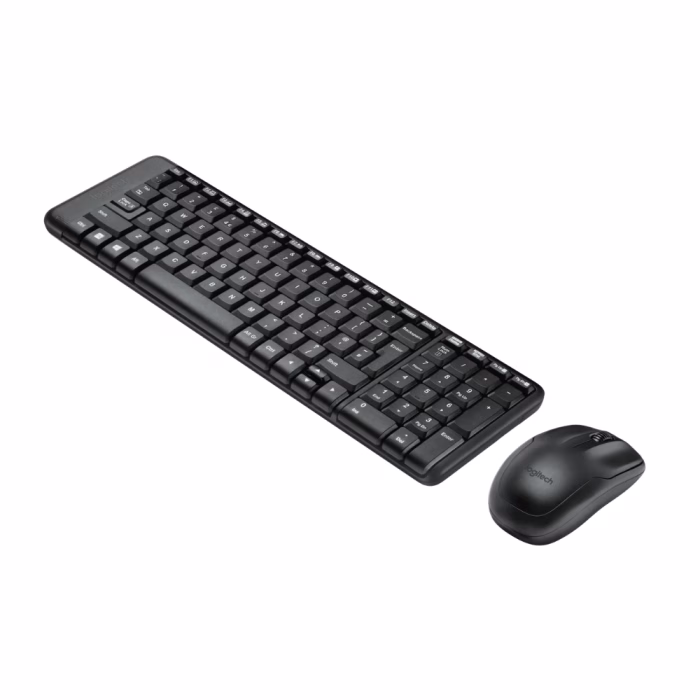 logitech-mk220-wireless-combo-black-3 ชุดคีย์บอร์ดและเมาส์ Logitech MK220 สีดำ มุมมองสามมิติเฉียง แสดงโครงสร้างกะทัดรัดและปุ่มกดพิมพ์เงียบ