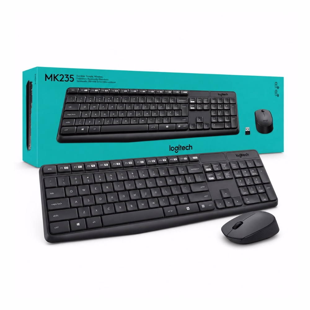 logitech-mk235-wireless-combo-black-1 ชุดคีย์บอร์ดและเมาส์ไร้สาย Logitech MK235 สีดำ วางคู่กับกล่องบรรจุภัณฑ์ Wireless Combo