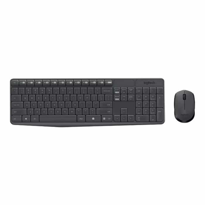 logitech-mk235-wireless-combo-black-2 คีย์บอร์ดและเมาส์ไร้สาย Logitech MK235 สีดำ มุมมองด้านบน แสดงเลย์เอาต์ปุ่มมาตรฐานและเมาส์ไร้สาย