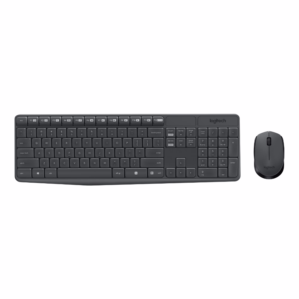 คีย์บอร์ดและเมาส์ไร้สาย Logitech MK235 สีดำ มุมมองด้านบน แสดงเลย์เอาต์ปุ่มมาตรฐานและเมาส์ไร้สาย