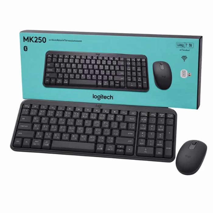 logitech-mk250-bluetooth-combo-1 ชุดคีย์บอร์ดและเมาส์ไร้สาย Logitech MK250 สีดำ สกรีนแป้นพิมพ์ภาษาไทย-อังกฤษ วางคู่กับกล่องบรรจุภัณฑ์