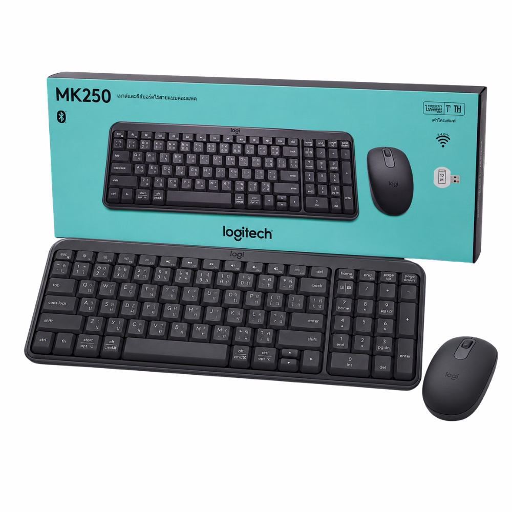 logitech-mk250-bluetooth-combo-1 ชุดคีย์บอร์ดและเมาส์ไร้สาย Logitech MK250 สีดำ สกรีนแป้นพิมพ์ภาษาไทย-อังกฤษ วางคู่กับกล่องบรรจุภัณฑ์