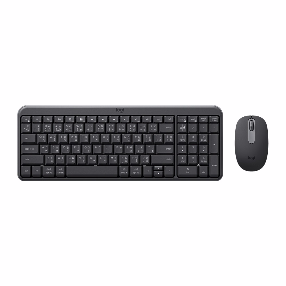 คีย์บอร์ดและเมาส์ไร้สาย Logitech MK250 สีดำ มุมมองด้านบน แสดงเลย์เอาต์แป้นพิมพ์ไทยและเมาส์ออปติคัล