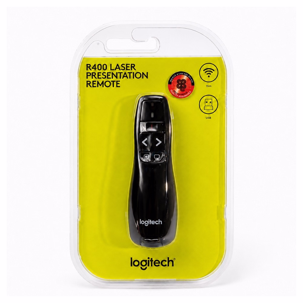 logitech-r400-wireless-presenter-1 แพ็กเกจพอยเตอร์ไร้สาย Logitech Wireless Presenter R400 เลเซอร์สีแดง บรรจุภัณฑ์แบบแผงพลาสติกใสพื้นหลังสีเหลือง