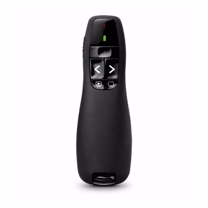 logitech-r400-wireless-presenter-2 ด้านหน้าตรงพอยเตอร์ไร้สาย Logitech R400 สีดำ แสดงปุ่มเลื่อนสไลด์ ปุ่มเปิด-ปิดหน้าจอ และไฟแสดงสถานะแบตเตอรี่