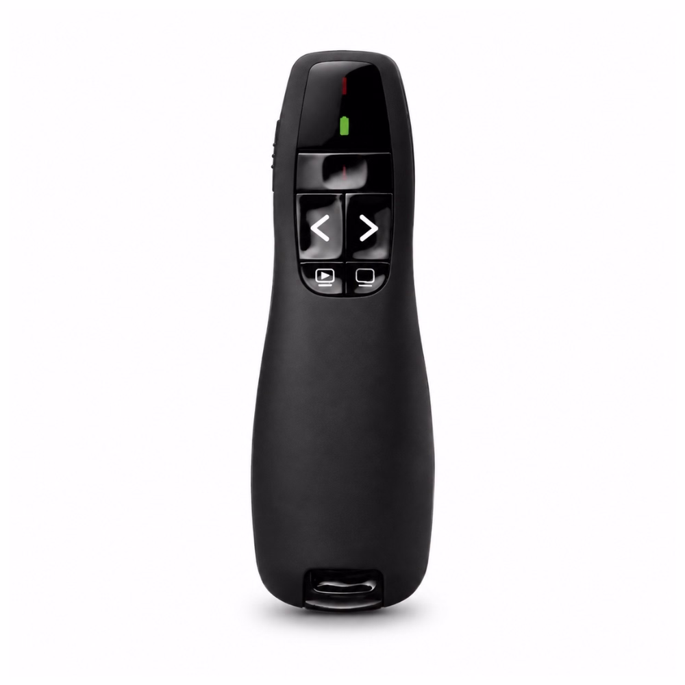 ด้านหน้าตรงพอยเตอร์ไร้สาย Logitech R400 สีดำ แสดงปุ่มเลื่อนสไลด์ ปุ่มเปิด-ปิดหน้าจอ และไฟแสดงสถานะแบตเตอรี่