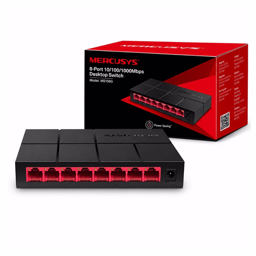 mercusys-ms108g-8-port-1 สวิตชิ่งฮับกิกะบิต 8 พอร์ต MERCUSYS MS108G สีดำพอร์ตสีแดง วางคู่กับกล่องบรรจุภัณฑ์สีแดงดำ