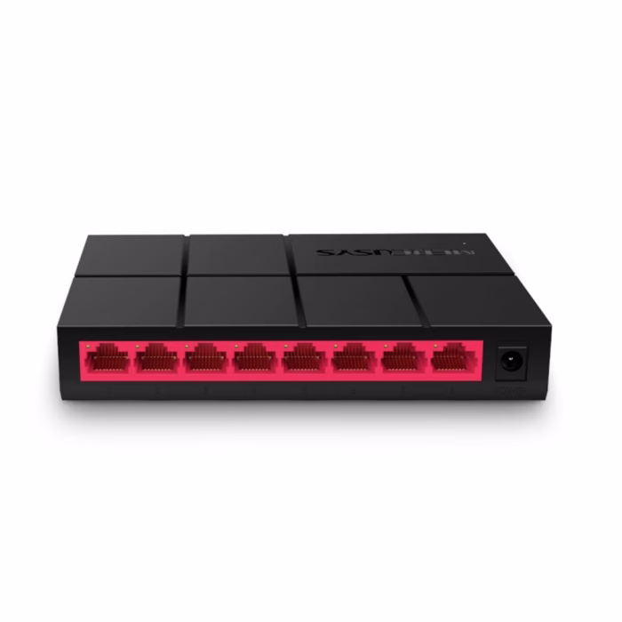 ด้านหน้าสวิตชิ่งฮับ MERCUSYS MS108G แสดงพอร์ตแลน Gigabit 8 ช่อง สีแดง และช่องต่อสายไฟ DC