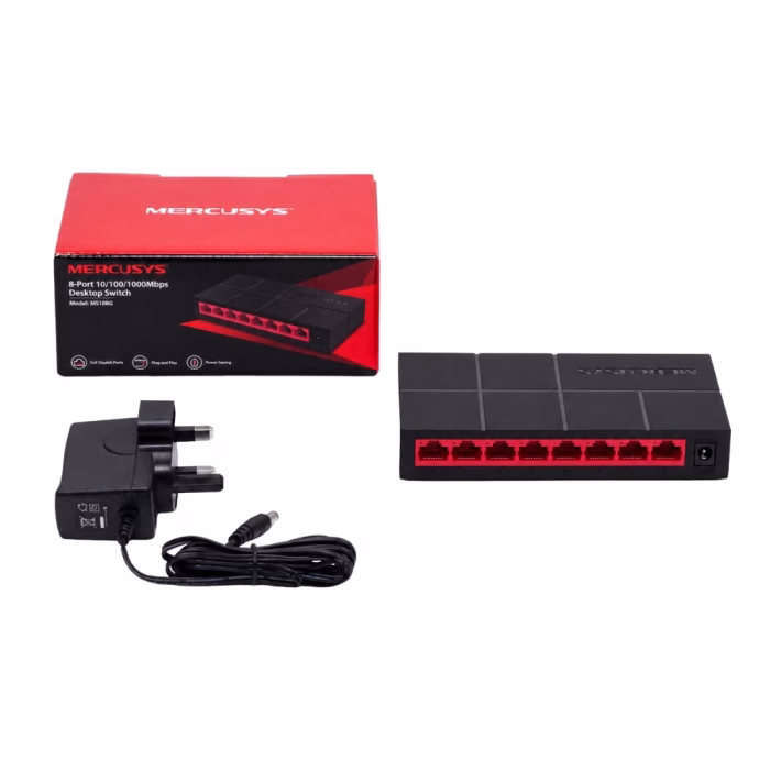 ชุดอุปกรณ์สวิตชิ่งฮับ MERCUSYS MS108G ประกอบด้วยตัวเครื่อง อแดปเตอร์แปลงไฟ และกล่องบรรจุภัณฑ์
