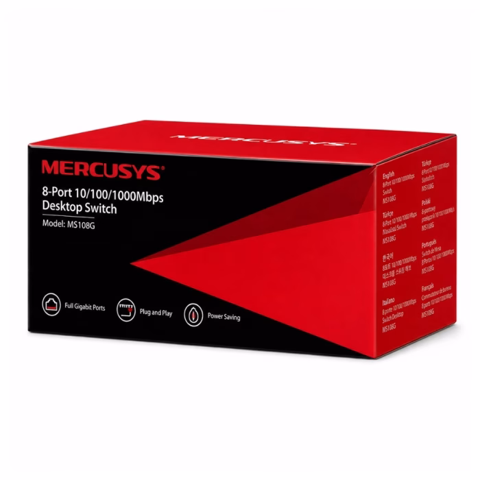 กล่องบรรจุภัณฑ์สวิตชิ่งฮับ MERCUSYS MS108G 8-Port 10/100/1000Mbps Desktop Switch สีแดงดำ