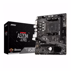 เมนบอร์ด MSI A520M-A PRO DDR4 ซ็อกเก็ต AM4 วางคู่กับกล่องผลิตภัณฑ์ ดีไซน์กล่องสีดำเด่นชัด