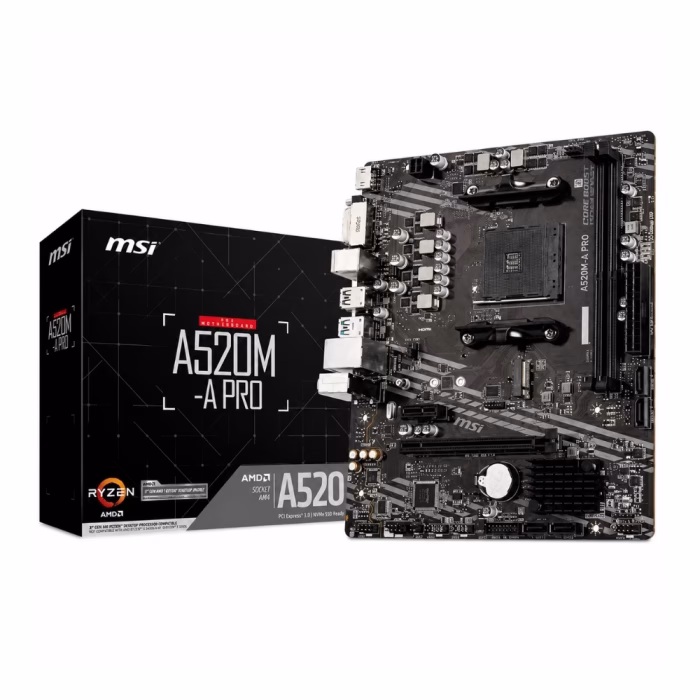 msi-a520m-a-pro-ddr4-am4-1 เมนบอร์ด MSI A520M-A PRO DDR4 ซ็อกเก็ต AM4 วางคู่กับกล่องผลิตภัณฑ์ ดีไซน์กล่องสีดำเด่นชัด