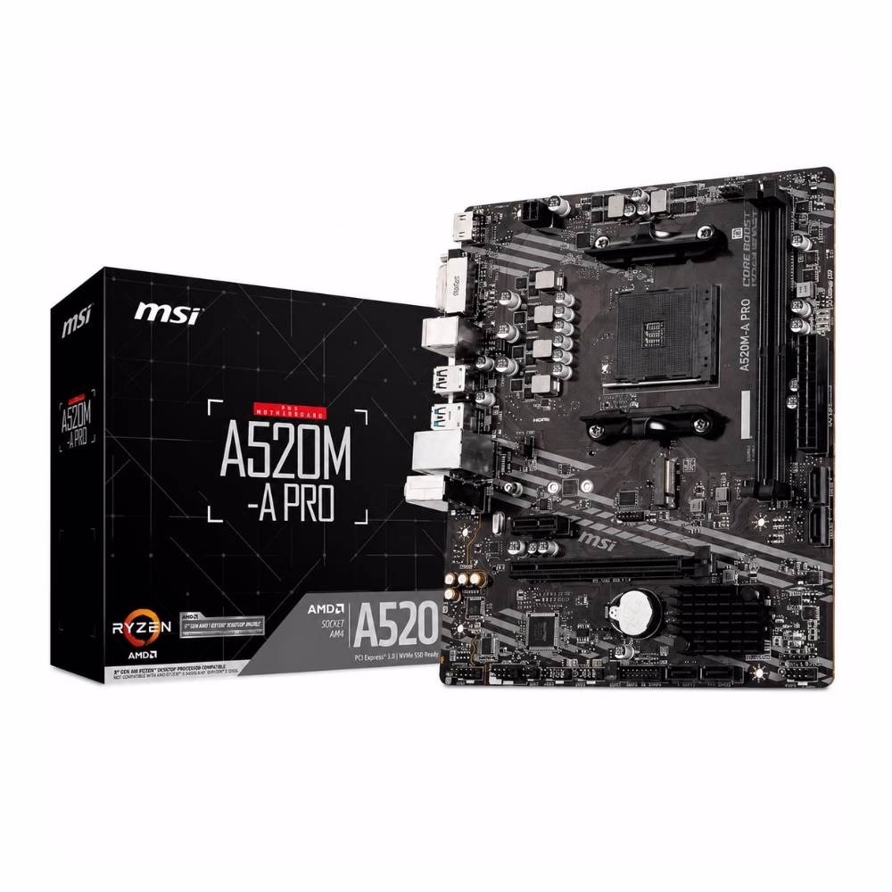 เมนบอร์ด MSI A520M-A PRO DDR4 ซ็อกเก็ต AM4 วางคู่กับกล่องผลิตภัณฑ์ ดีไซน์กล่องสีดำเด่นชัด
