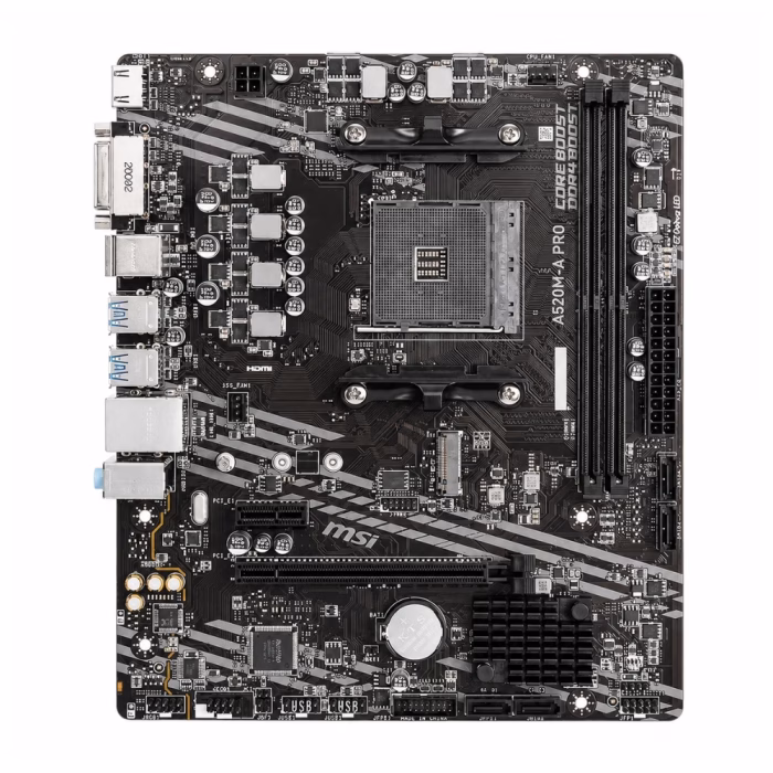 msi-a520m-a-pro-ddr4-am4-2 เมนบอร์ด MSI A520M-A PRO DDR4 มุมมองด้านบน แสดงซ็อกเก็ต AM4 สล็อตแรม DDR4 และชิปเซ็ต