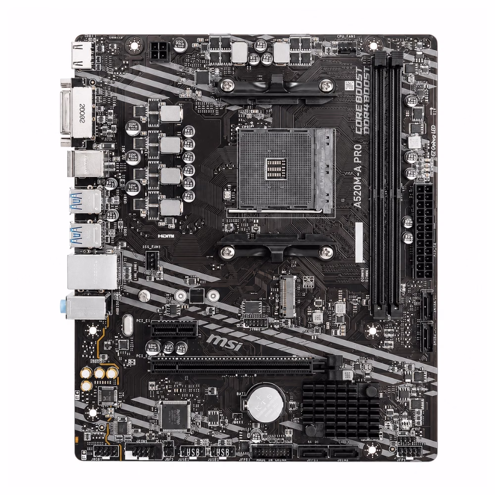 เมนบอร์ด MSI A520M-A PRO DDR4 มุมมองด้านบน แสดงซ็อกเก็ต AM4 สล็อตแรม DDR4 และชิปเซ็ต