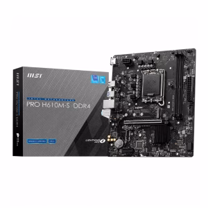 เมนบอร์ด MSI PRO H610M-S DDR4 วางคู่กับกล่องผลิตภัณฑ์ ดีไซน์กล่องโทนสีเทาดำ รองรับ Intel Gen 12/13/14