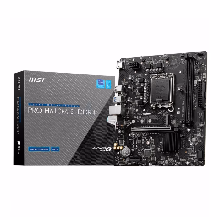 เมนบอร์ด MSI PRO H610M-S DDR4 วางคู่กับกล่องผลิตภัณฑ์ ดีไซน์กล่องโทนสีเทาดำ รองรับ Intel Gen 12/13/14