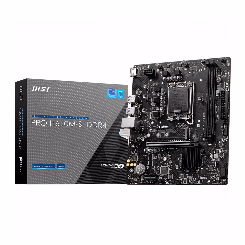 เมนบอร์ด MSI PRO H610M-S DDR4 วางคู่กับกล่องผลิตภัณฑ์ ดีไซน์กล่องโทนสีเทาดำ รองรับ Intel Gen 12/13/14