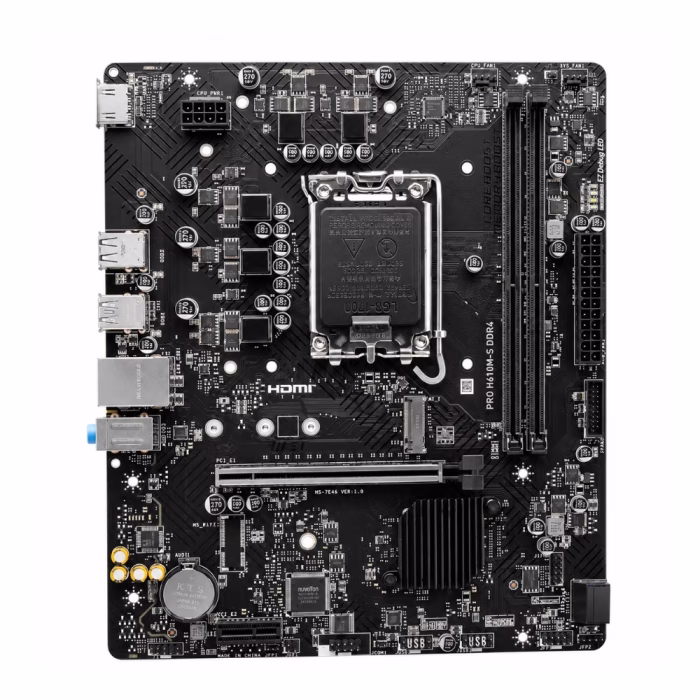 เมนบอร์ด MSI PRO H610M-S DDR4 มุมมองด้านบน แสดงช่องใส่ซีพียู LGA1700 สล็อตแรม DDR4 และช่องเสียบการ์ดจอ PCIe