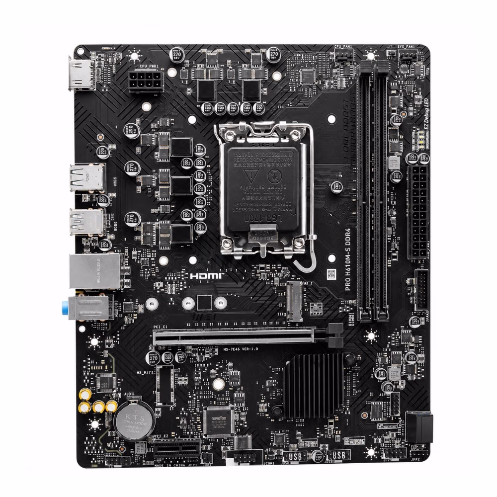 เมนบอร์ด MSI PRO H610M-S DDR4 มุมมองด้านบน แสดงช่องใส่ซีพียู LGA1700 สล็อตแรม DDR4 และช่องเสียบการ์ดจอ PCIe