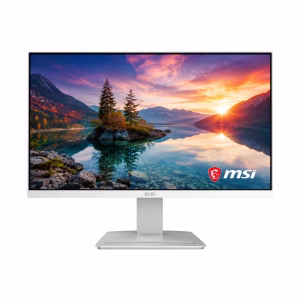 จอมอนิเตอร์ MSI PRO MP2412W ขนาด 23.8 นิ้ว สีขาว ด้านหน้าตรง แสดงภาพวิวทิวทัศน์ธรรมชาติและโลโก้ MSI