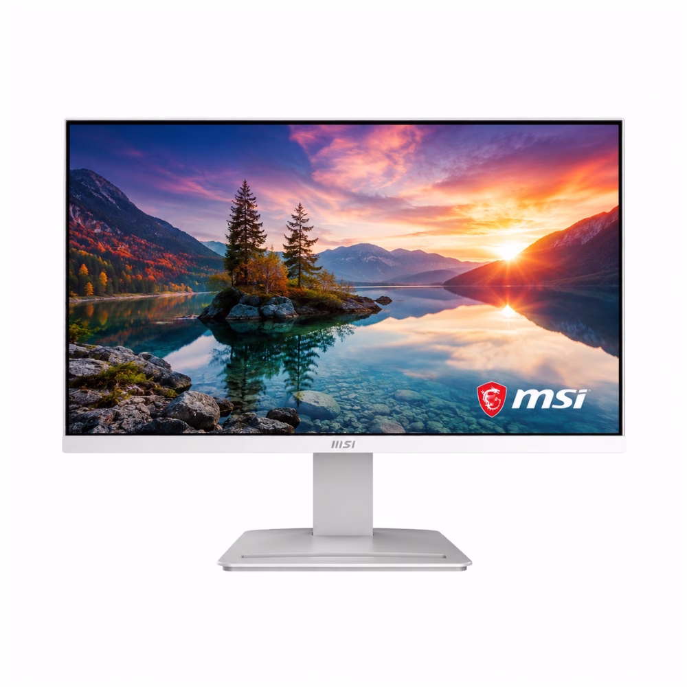 msi-pro-mp2412w-238-inch-monitor-1 จอมอนิเตอร์ MSI PRO MP2412W ขนาด 23.8 นิ้ว สีขาว ด้านหน้าตรง แสดงภาพวิวทิวทัศน์ธรรมชาติและโลโก้ MSI