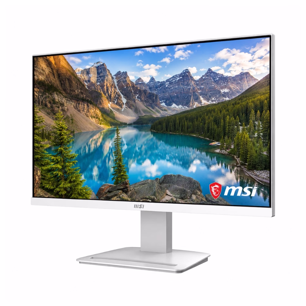 จอมอนิเตอร์ MSI PRO MP2412W ขนาด 23.8 นิ้ว สีขาว มุมเฉียงด้านข้าง แสดงหน้าจอแสดงผลวิวภูเขาและฐานตั้งดีไซน์มั่นคง