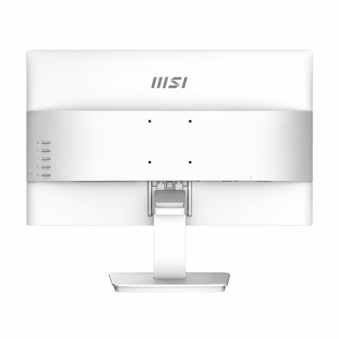 msi-pro-mp2412w-238-inch-monitor-4 ด้านหลังจอมอนิเตอร์ MSI PRO MP2412W สีขาว แสดงโลโก้ MSI และรูยึด VESA Mount สำหรับติดผนัง