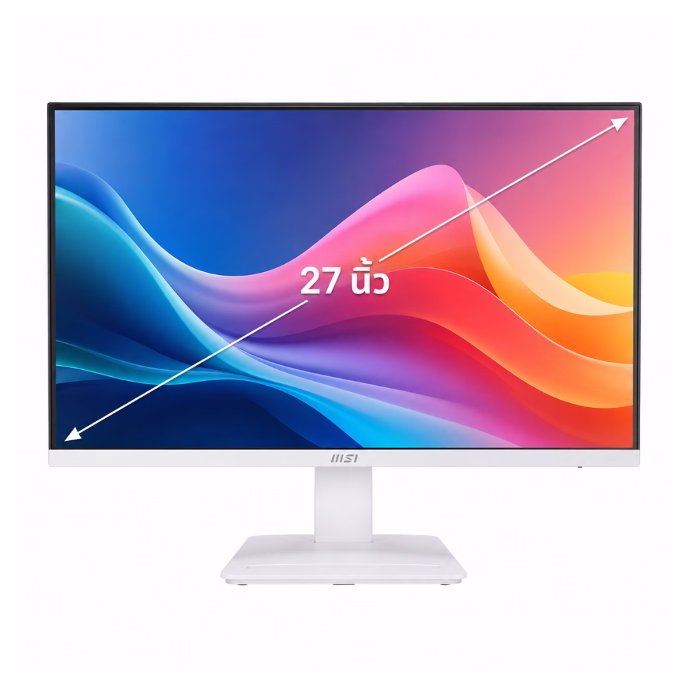 msi-pro-mp273w-e14a-27inch-monitor-1 จอมอนิเตอร์ MSI PRO MP273W E14A ขนาด 27 นิ้ว สีขาว ด้านหน้าตรง แสดงภาพวอลเปเปอร์สีสันสดใสและตัวเลขแสดงขนาดหน้าจอ