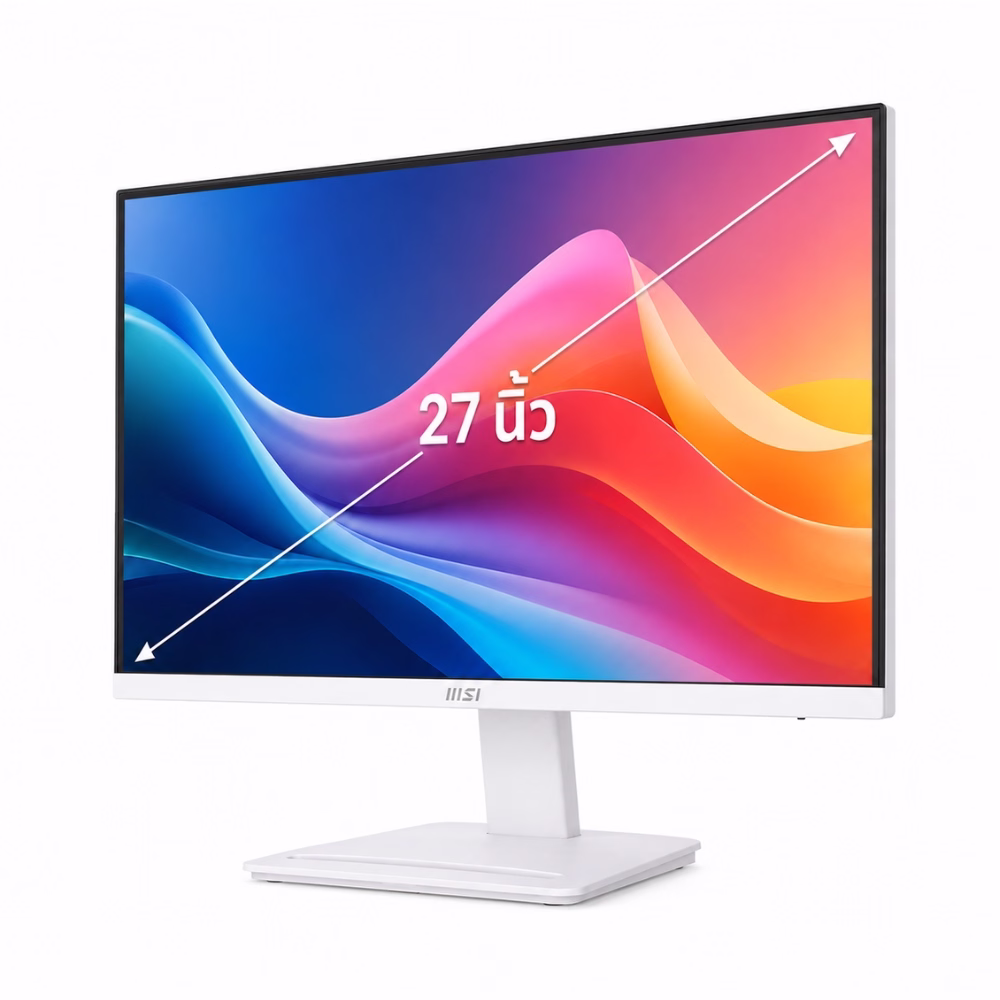จอมอนิเตอร์ MSI PRO MP273W E14A ขนาด 27 นิ้ว สีขาว มุมเฉียงด้านข้าง แสดงหน้าจอสีสันสดใสและฐานตั้งสีขาว