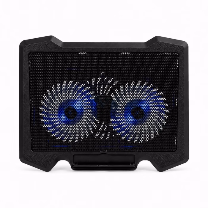 nubwo-nf-233-cooler-pad-black-2 พัดลมระบายความร้อนโน้ตบุ๊ก NUBWO NF-233 สีดำ มุมมองด้านบนตรง แสดงพัดลมคู่ไฟ LED สีฟ้าใต้ตะแกรงโลหะ