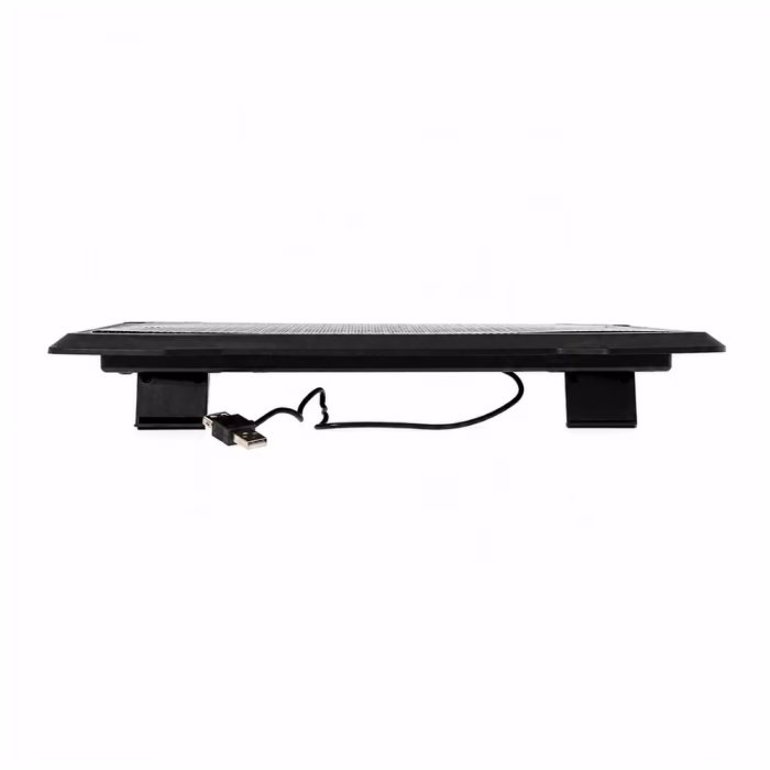 nubwo-nf-233-cooler-pad-black-4 แท่นระบายความร้อน NUBWO NF-233 สีดำ มุมมองด้านหลังตรง แสดงขาตั้งยกระดับความสูงและสายไฟเชื่อมต่อพอร์ต USB