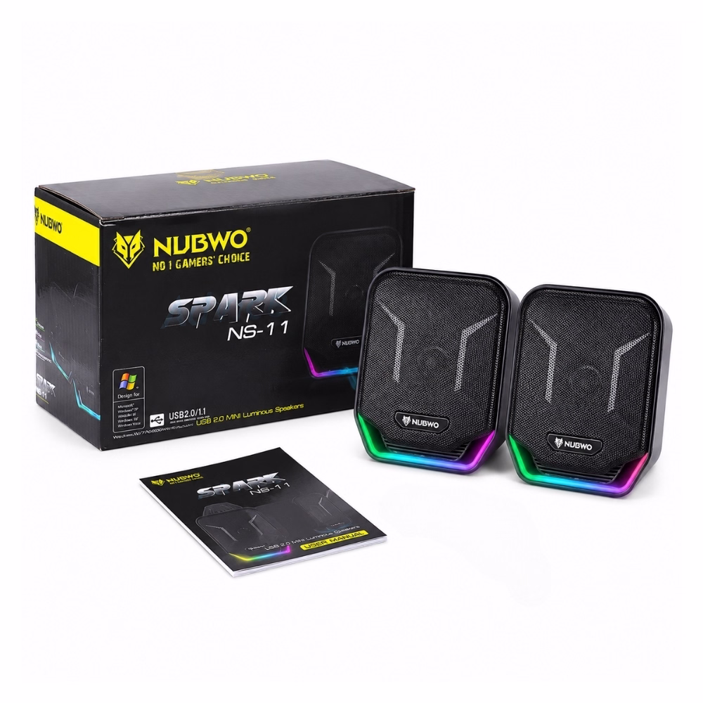ลำโพงเกมมิ่ง USB NUBWO SPARK NS011 ไฟ RGB วางคู่กับกล่องบรรจุภัณฑ์และคู่มือการใช้งาน Mini Luminous Speakers