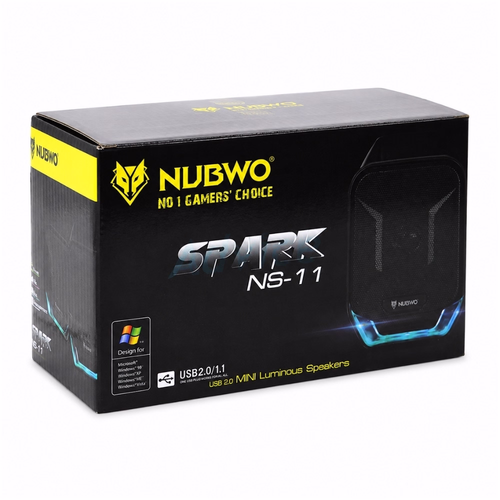 กล่องบรรจุภัณฑ์ลำโพงเกมมิ่ง NUBWO SPARK NS-11 USB 2.0 Mini Luminous Speakers โทนสีดำตัดเหลือง
