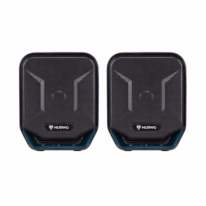 nubwo-ns011-rgb-gaming-speaker-3 ลำโพงเกมมิ่ง NUBWO SPARK NS011 สีดำ มุมมองด้านหน้าตรง แสดงหน้ากากตาข่ายโลหะ ลวดลายสปอร์ต และโลโก้ NUBWO