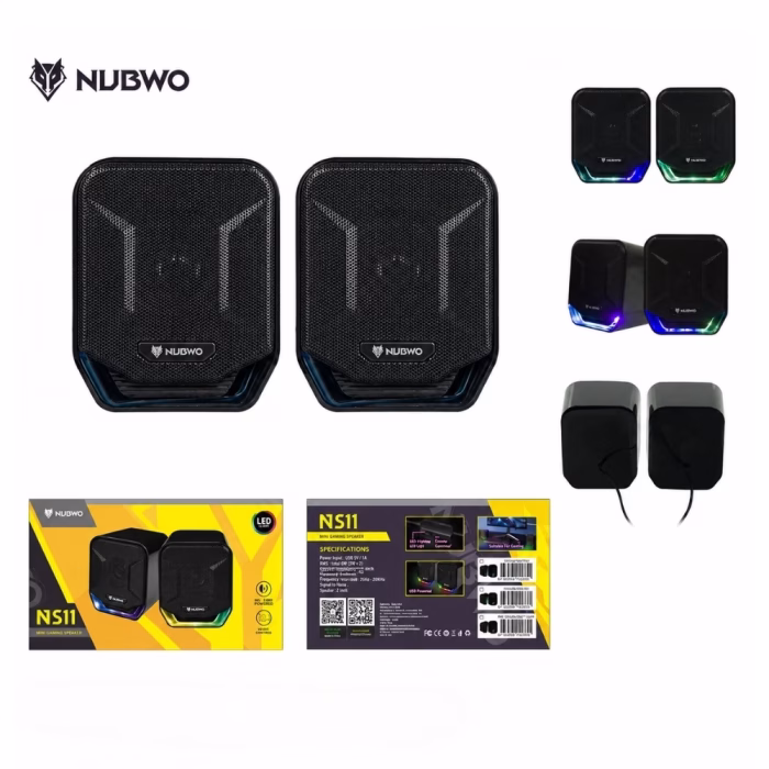 nubwo-ns011-rgb-gaming-speaker-4 แผนภาพรวมลำโพงเกมมิ่ง NUBWO SPARK NS011 แสดงมุมมองไฟ RGB ด้านหลังลำโพง และสเปกรายละเอียดด้านหลังกล่อง