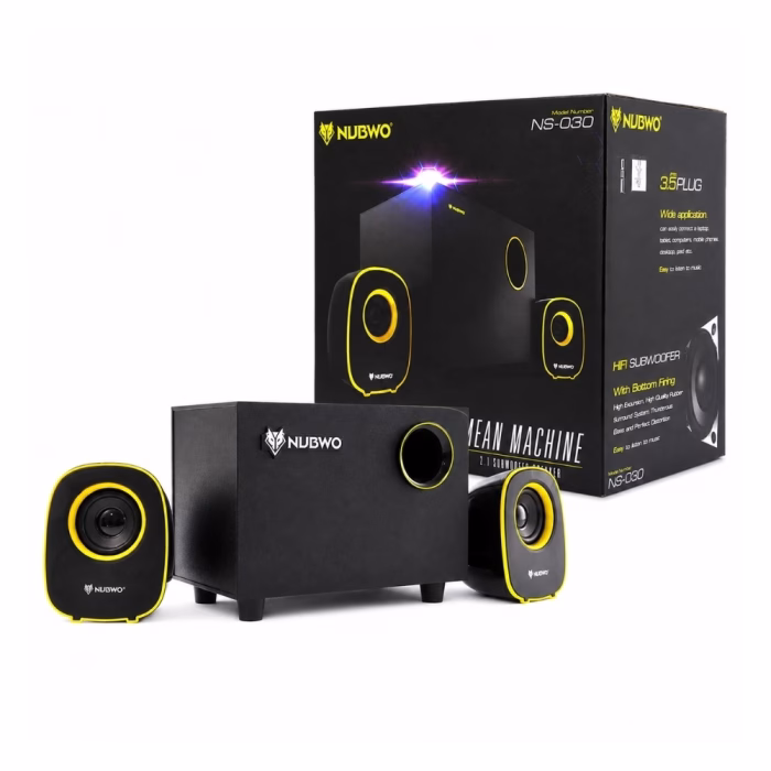 nubwo-ns030-subwoofer-speaker-1 ชุดลำโพง 2.1 NUBWO NS-030 Subwoofer สีดำตัดเหลือง วางคู่กับกล่องบรรจุภัณฑ์ Mean Machine 2.1 Subwoofer Speaker