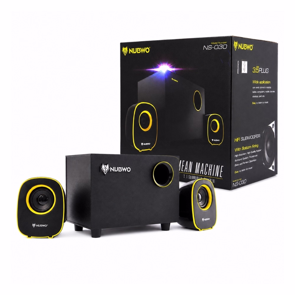ชุดลำโพง 2.1 NUBWO NS-030 Subwoofer สีดำตัดเหลือง วางคู่กับกล่องบรรจุภัณฑ์ Mean Machine 2.1 Subwoofer Speaker