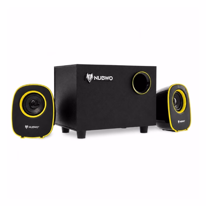 nubwo-ns030-subwoofer-speaker-2 ลำโพง 2.1 NUBWO NS-030 สีดำตัดเหลือง แสดงตู้ซับวูฟเฟอร์ ท่อเบสรีเฟล็กซ์ และลำโพงคู่แซทเทิลไลท์