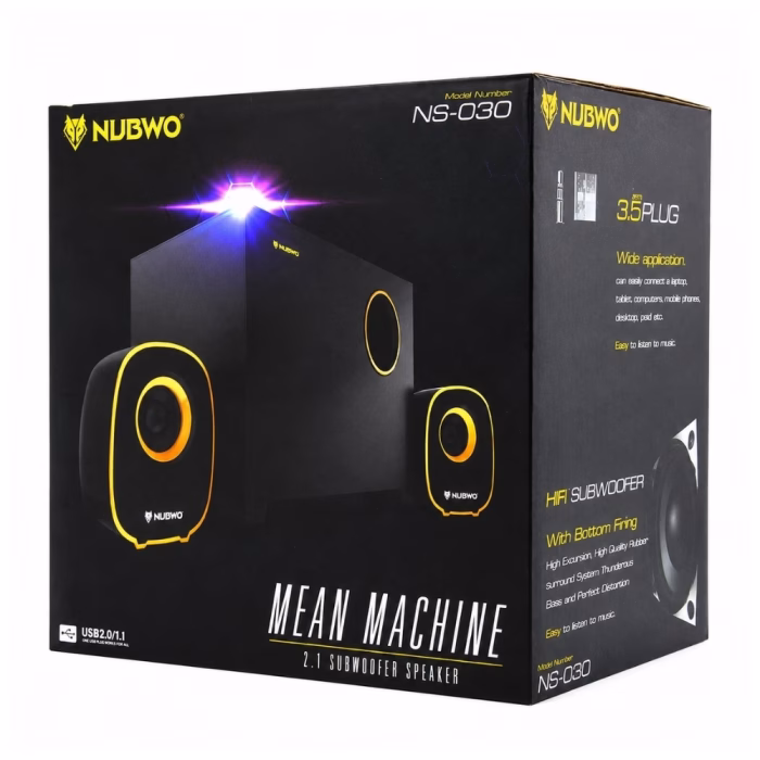 nubwo-ns030-subwoofer-speaker-3 กล่องบรรจุภัณฑ์ลำโพง 2.1 NUBWO NS-030 Mean Machine 2.1 Subwoofer Speaker มุมมองสามมิติ