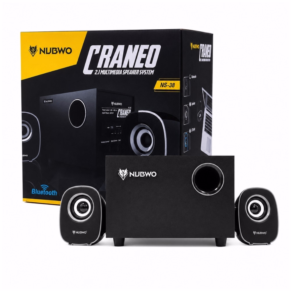 ชุดลำโพงบลูทูธ 2.1 NUBWO CRANEO NS-038 ซับวูฟเฟอร์ สีดำขลิบเงิน วางคู่กับกล่องบรรจุภัณฑ์ 2.1 Multimedia Speaker System