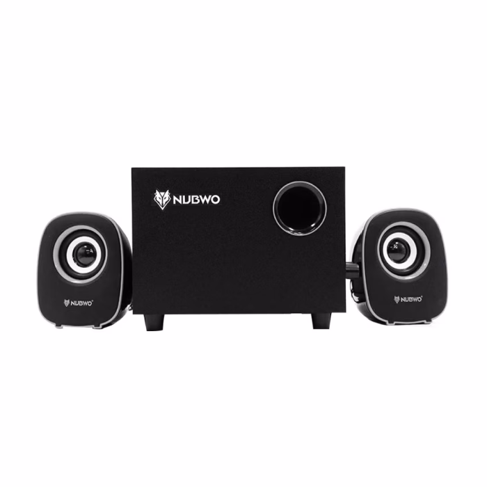 nubwo-ns038-subwoofer-speaker-2 ลำโพงบลูทูธ 2.1 NUBWO CRANEO NS-038 สีดำขลิบเงิน มุมมองด้านหน้าตรง แสดงตู้ซับวูฟเฟอร์ ท่อเบส และลำโพงคู่