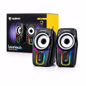 ลำโพงเกมมิ่ง 2.0 NUBWO Laurimus NS-47 สีดำ ไฟ RGB สเตอริโอ USB วางคู่กับกล่องบรรจุภัณฑ์ Gaming Speaker