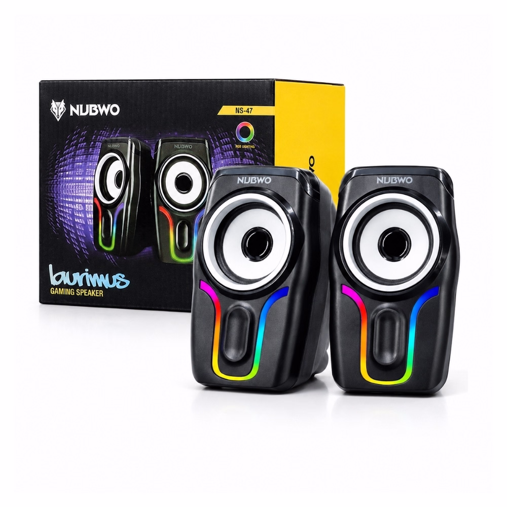 ลำโพงเกมมิ่ง 2.0 NUBWO Laurimus NS-47 สีดำ ไฟ RGB สเตอริโอ USB วางคู่กับกล่องบรรจุภัณฑ์ Gaming Speaker